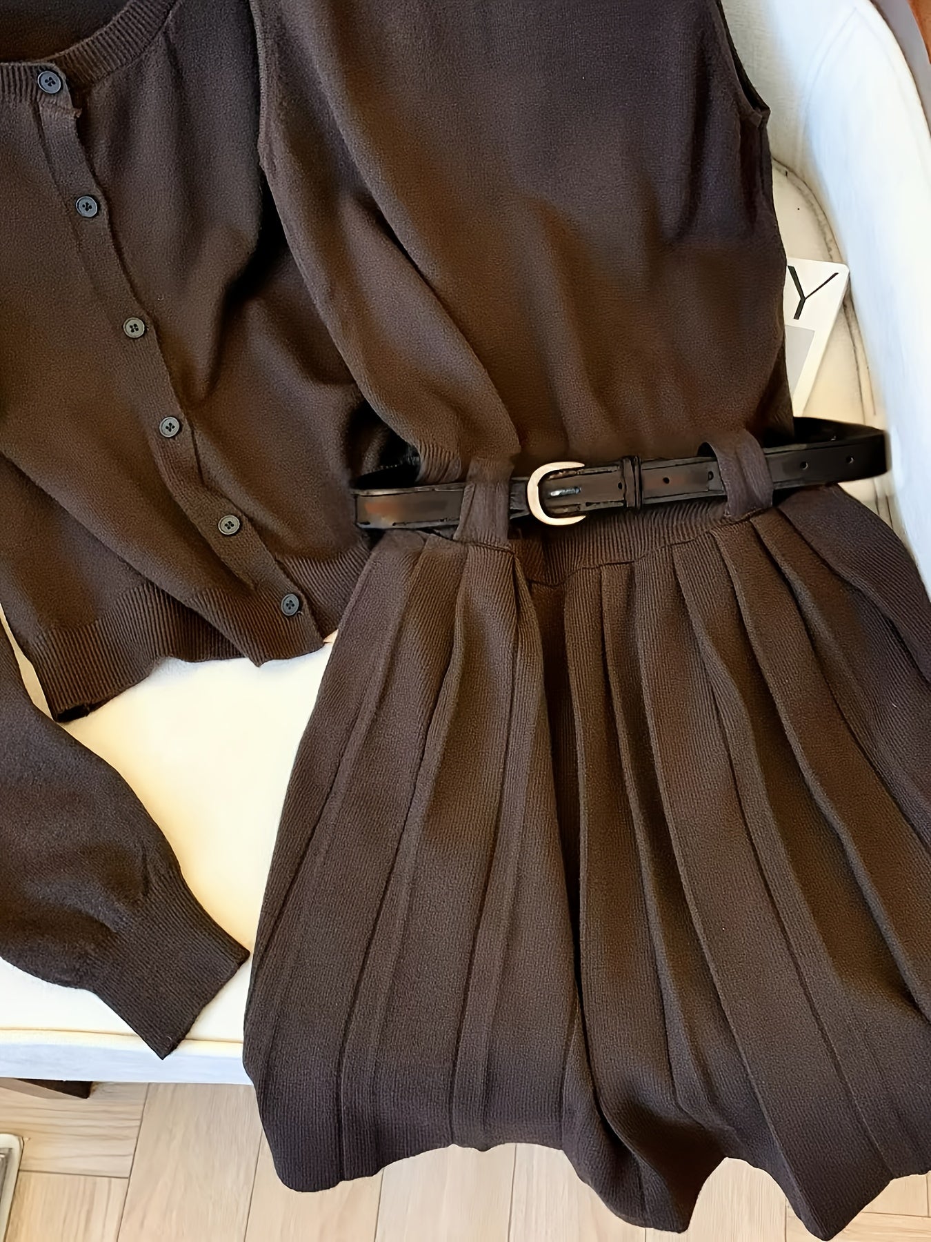 Niannian Directional Vest Pleated Dress + Cardigan Lazy Style Casual Two-Piece Fashion Set