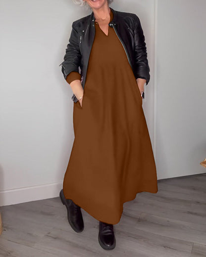 Blandine | Robe Midi Élégante avec Col en V et Manches Longues