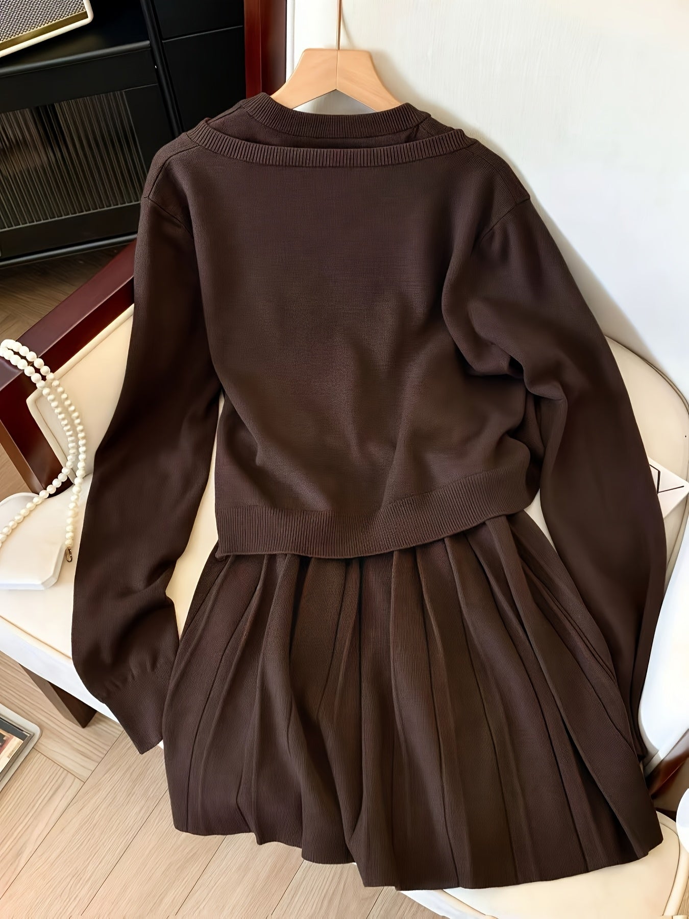 Niannian Directional Vest Pleated Dress + Cardigan Lazy Style Casual Two-Piece Fashion Set