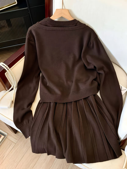 Niannian Directional Vest Pleated Dress + Cardigan Lazy Style Casual Two-Piece Fashion Set