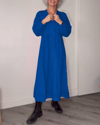 Blandine | Robe Midi Élégante avec Col en V et Manches Longues