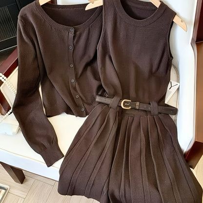 Niannian Directional Vest Pleated Dress + Cardigan Lazy Style Casual Two-Piece Fashion Set