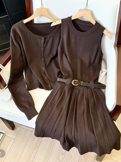 Niannian Directional Vest Pleated Dress + Cardigan Lazy Style Casual Two-Piece Fashion Set