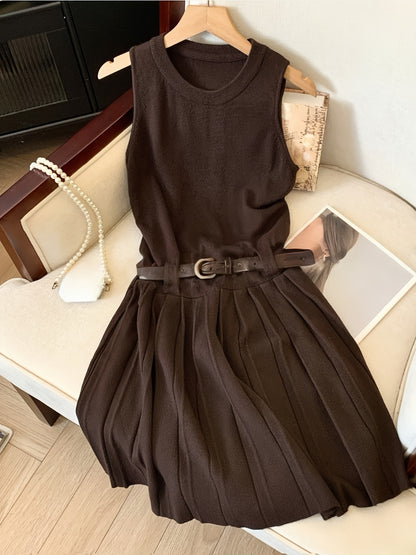 Niannian Directional Vest Pleated Dress + Cardigan Lazy Style Casual Two-Piece Fashion Set