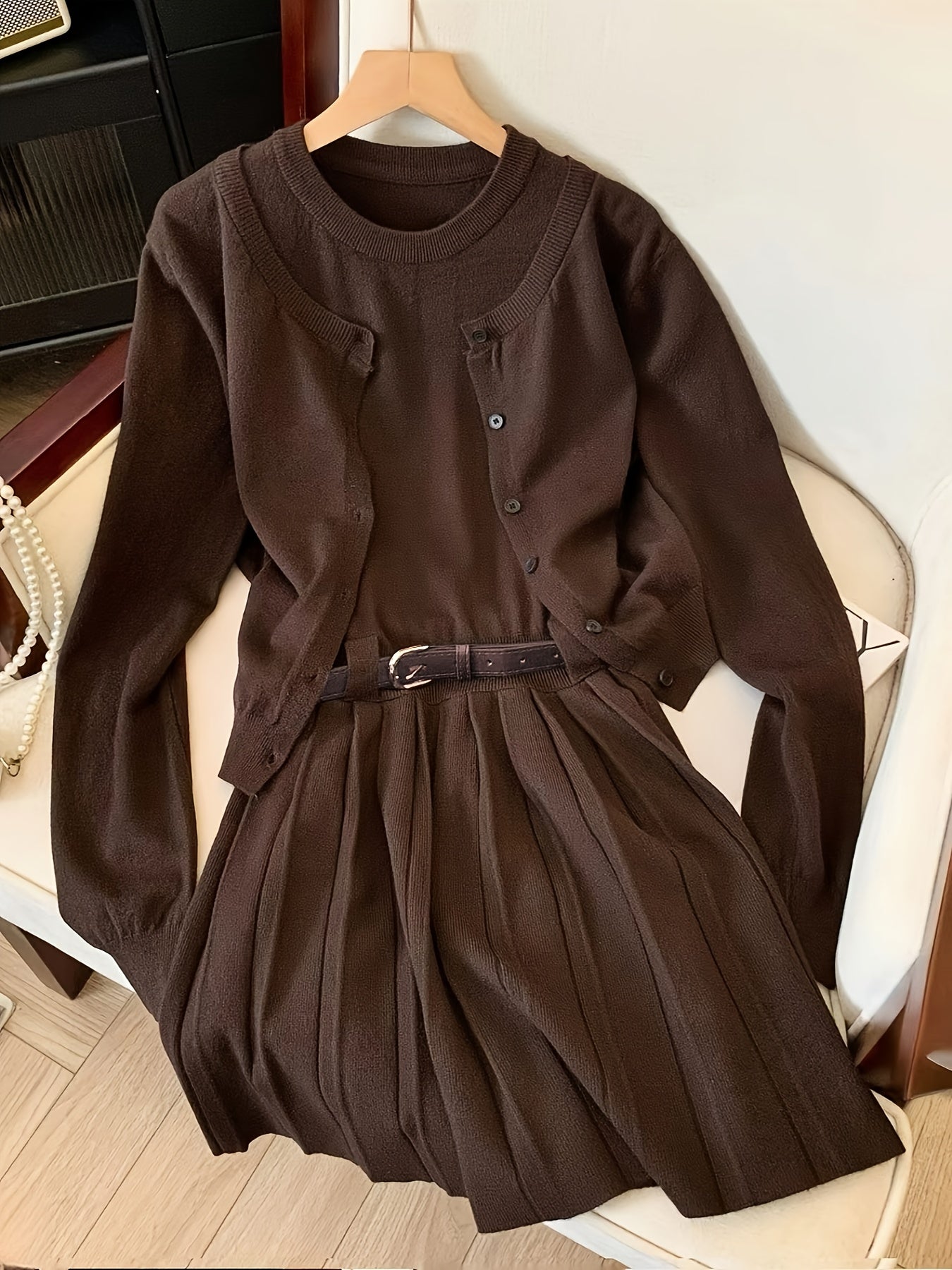 Niannian Directional Vest Pleated Dress + Cardigan Lazy Style Casual Two-Piece Fashion Set